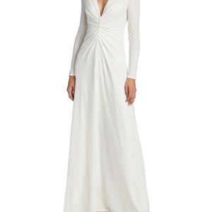 Halston V-Neck Ruched Jersey Gown (White, Medium)